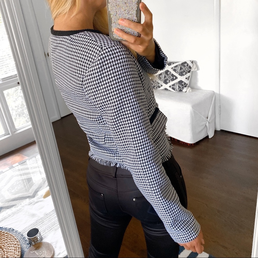 🖤 VOYELLES BLACK & WHITE CHECKERED FRINGE FALL BLAZER JACKET! - Picture 4 of 11